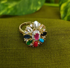Gold-Plated Navaratna, AD Big Top Elegant Finger Ring for Women - Glossy Finish / Free Size