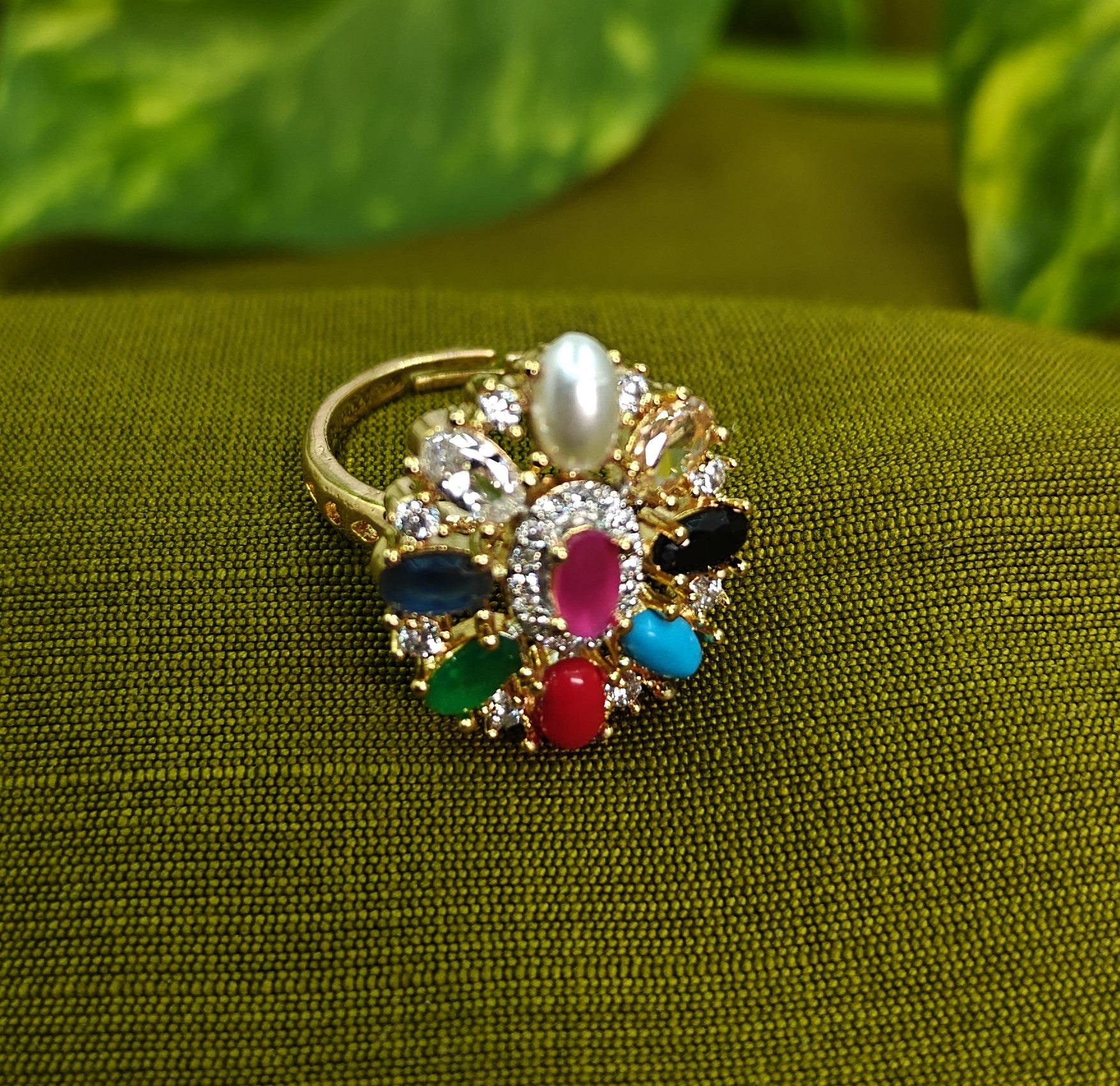 Gold-Plated Navaratna, AD Big Top Elegant Finger Ring for Women - Glossy Finish / Free Size