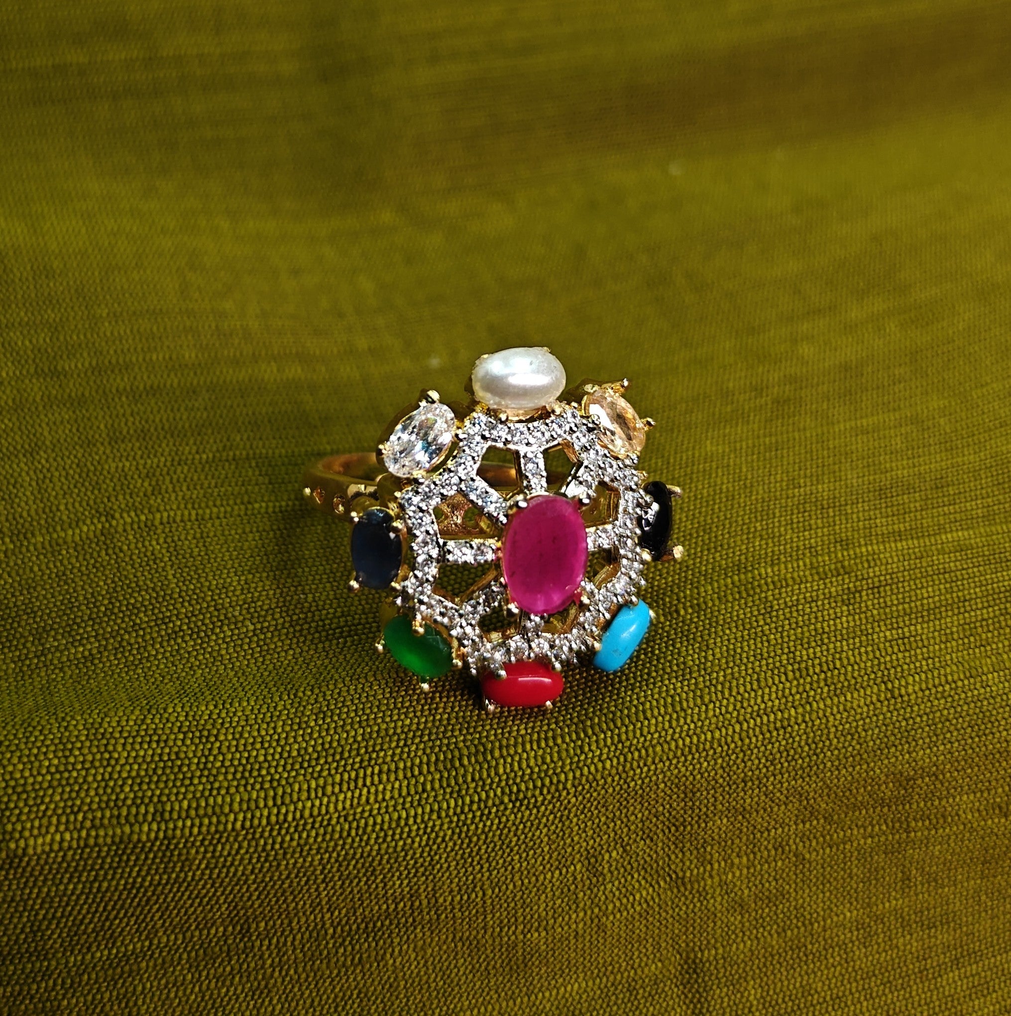 Gold-Plated Navaratna, AD Small Top Elegant Finger Ring for Women - Glossy Finish / Free Size