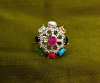 Gold-Plated Navaratna, AD Small Top Elegant Finger Ring for Women - Glossy Finish / Free Size