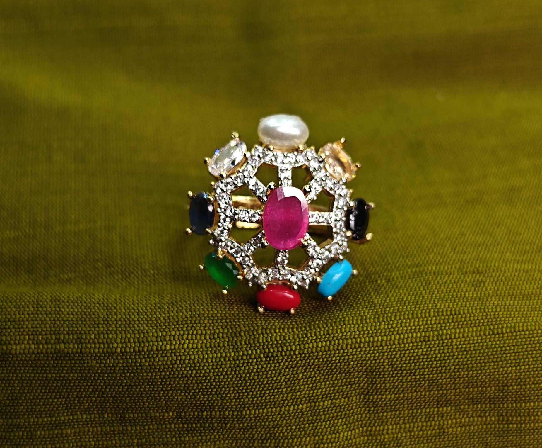 Gold-Plated Navaratna, AD Small Top Elegant Finger Ring for Women - Glossy Finish / Free Size
