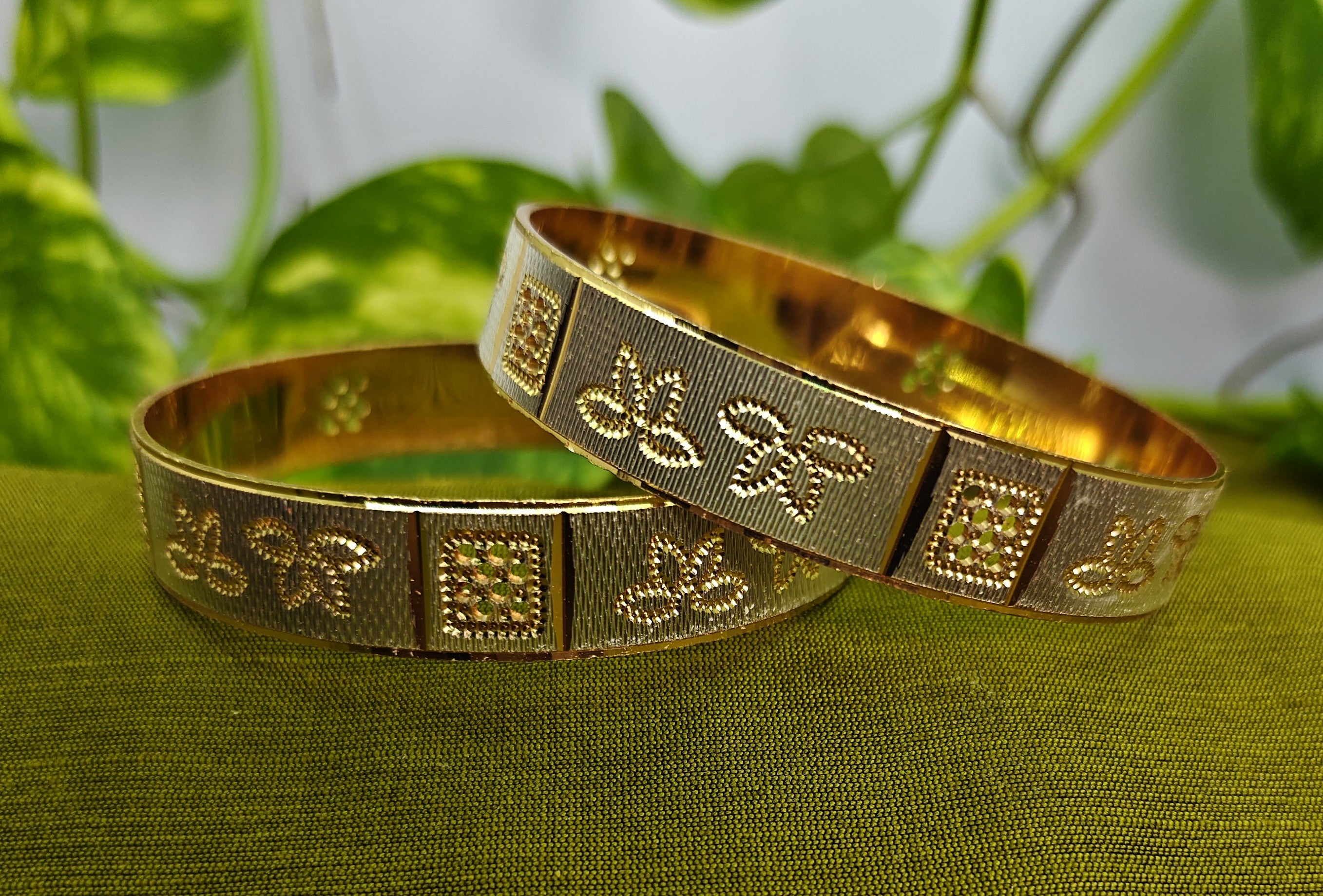 Gold-Plated Elegant Flower Style Broad Bangle Set of 2 for Women - Glossy Finish (2.8 Size)
