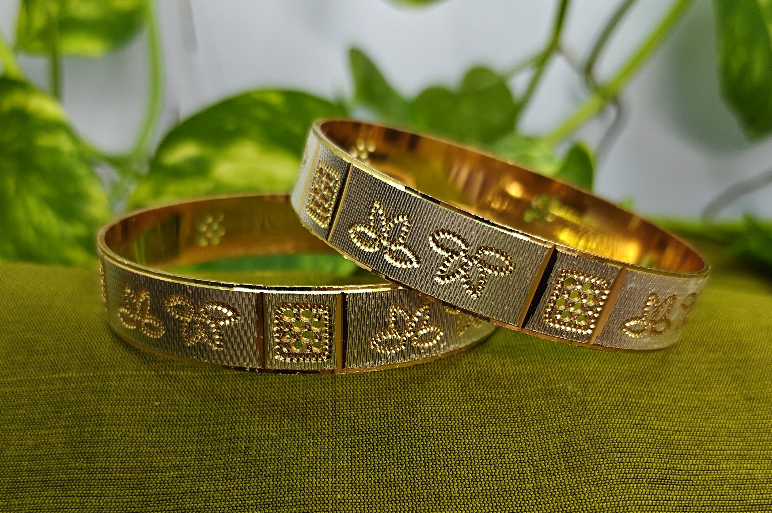 Gold-Plated Elegant Flower Style Broad Bangle Set of 2 for Women - Glossy Finish (2.8 Size)