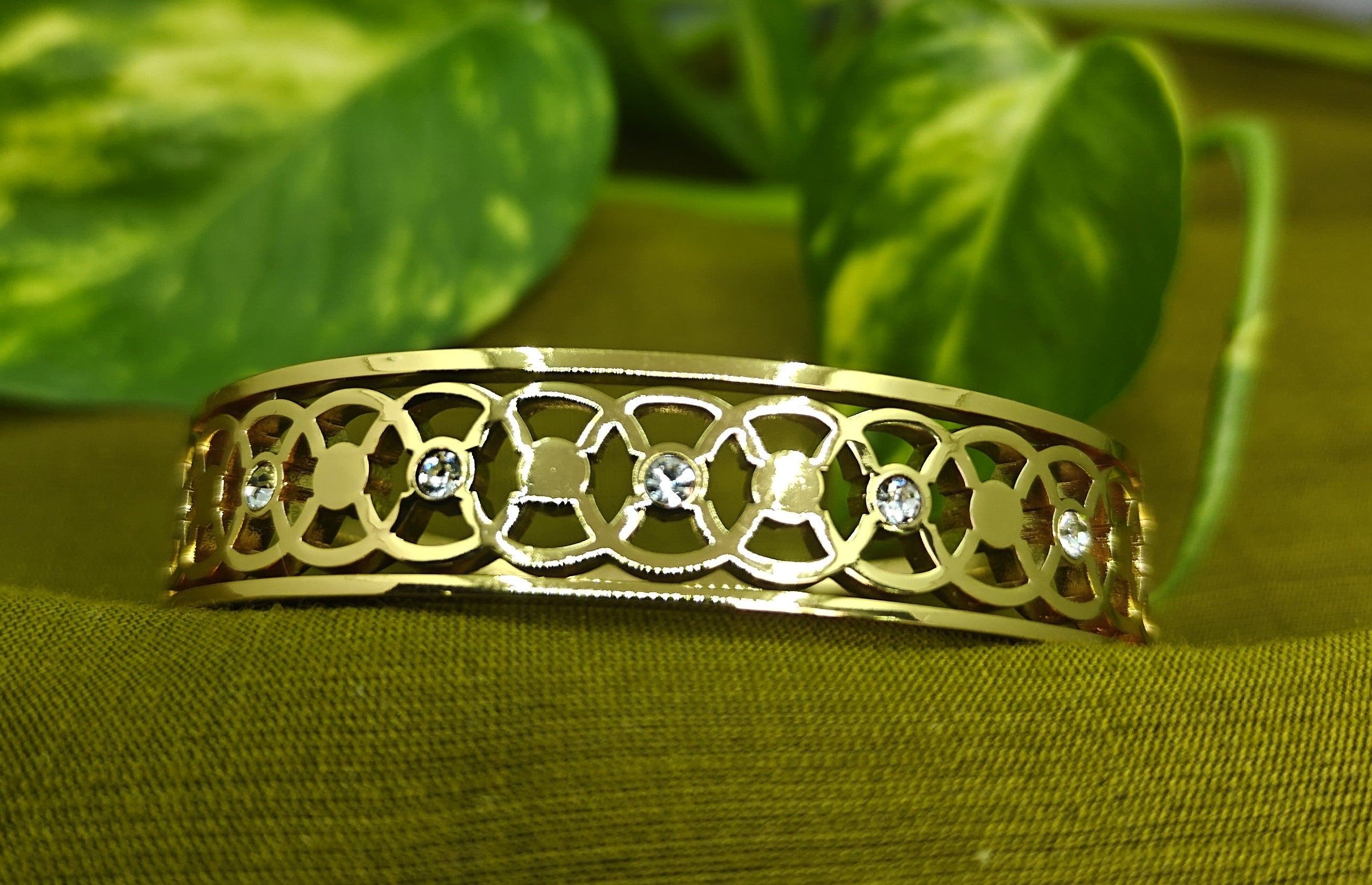 Gold-Plated Cutwork Cuff Bracelet with Mesh Design and Small AD Stones for Women - Glossy Finish / Openable Medium