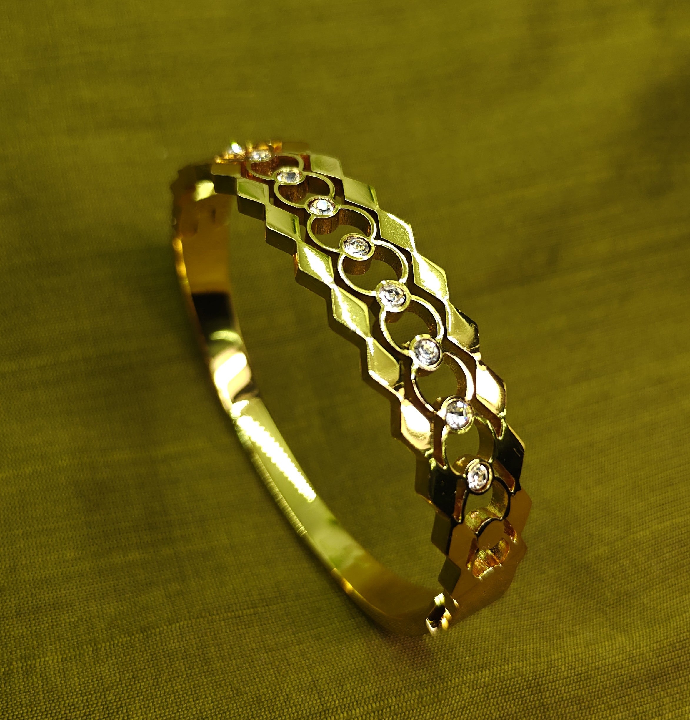 Gold-Plated Zig-Zag Pattern, AD Stone Cuff Bracelet for Women - Glossy Finish / Openable Medium