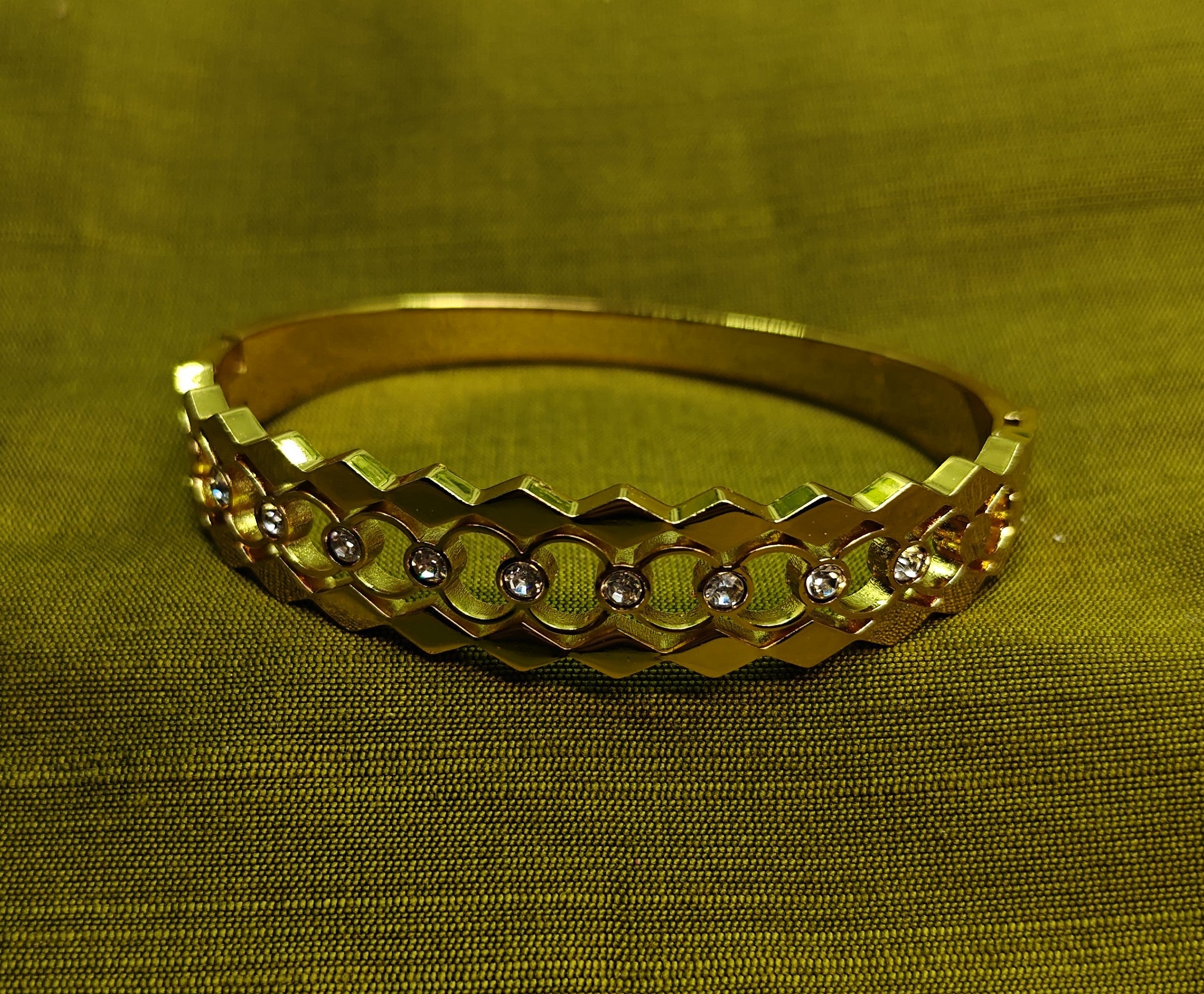 Gold-Plated Zig-Zag Pattern, AD Stone Cuff Bracelet for Women - Glossy Finish / Openable Medium