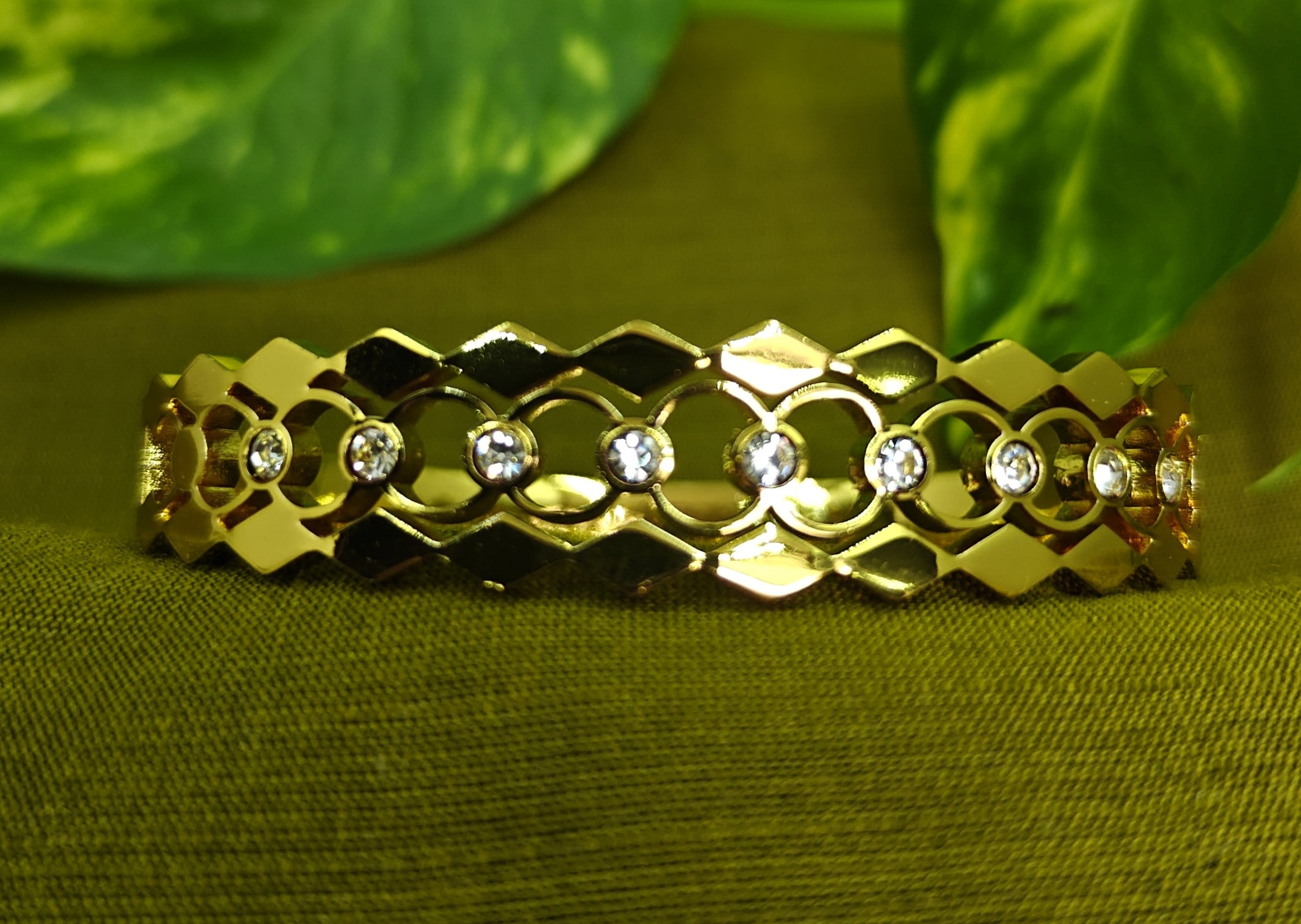 Gold-Plated Zig-Zag Pattern, AD Stone Cuff Bracelet for Women - Glossy Finish / Openable Medium