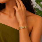 Gold-Plated Brick Pattern Cuff Bracelet for Women - Glossy Finish / Openable Medium