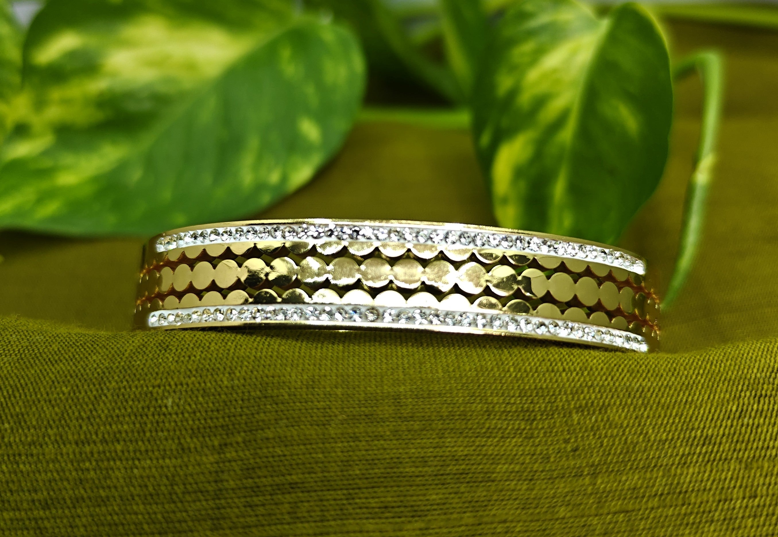 Gold-Plated Stone-Studded Fish Scale Design Cuff Bracelet for Women - Glossy Finish / Openable Medium