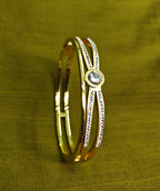 Gold-Plated Solitaire Stone-Studded Criss-Cross Pattern Cuff Bracelet for Women - Glossy Finish / Openable Medium
