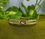 Gold-Plated Solitaire Stone-Studded Criss-Cross Pattern Cuff Bracelet for Women - Glossy Finish / Openable Medium