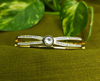 Gold-Plated Solitaire Stone-Studded Criss-Cross Pattern Cuff Bracelet for Women - Glossy Finish / Openable Medium