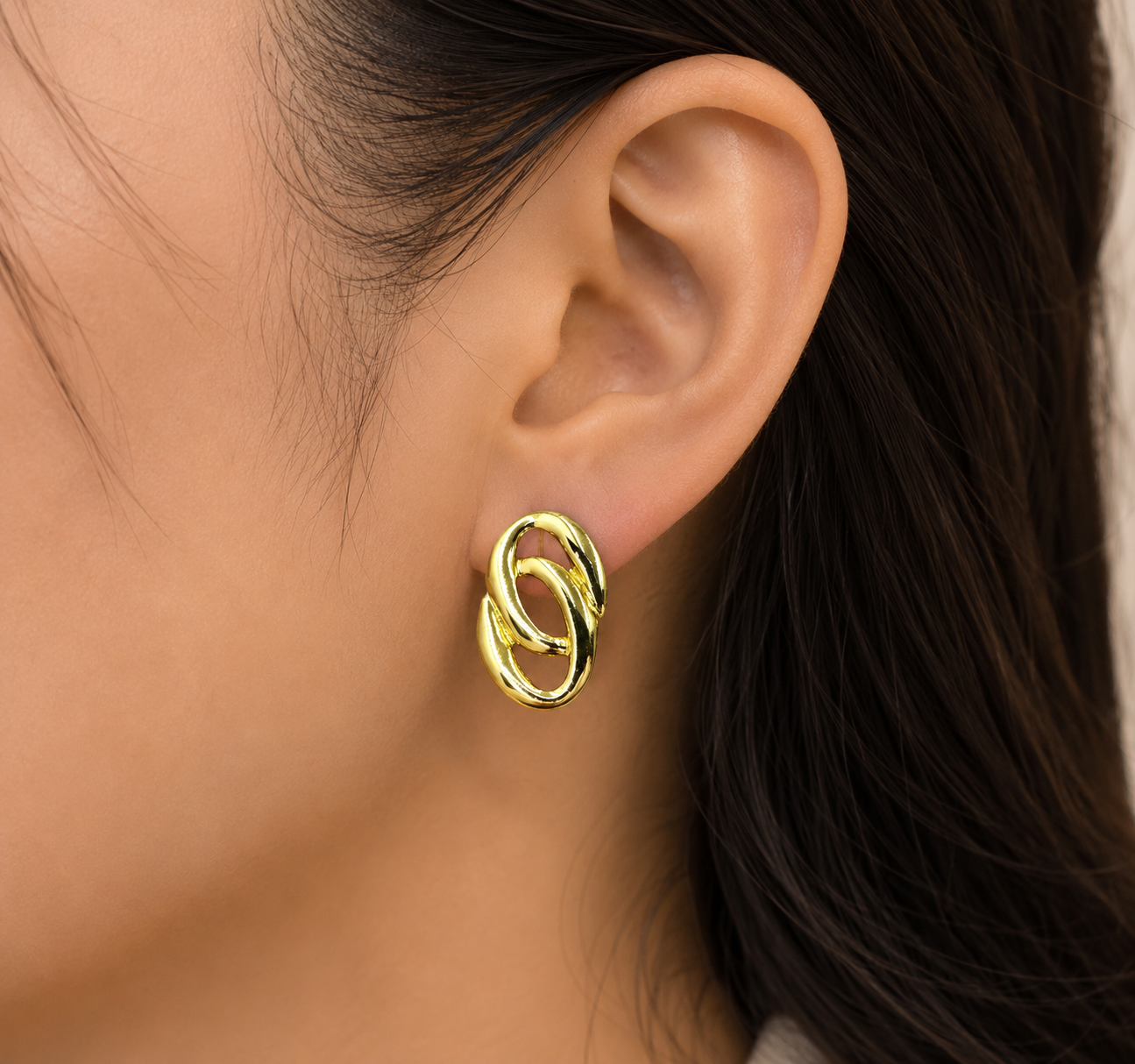 Gold-Plated Interlinked Oval Stud Earrings for Women - Glossy Finish
