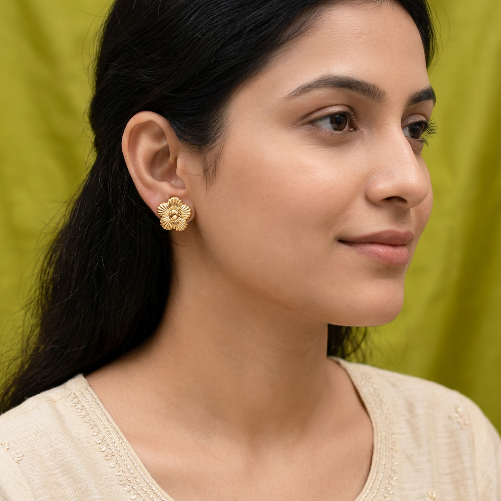 Gold-Plated Daisy Stud Earrings for Women - Glossy Finish