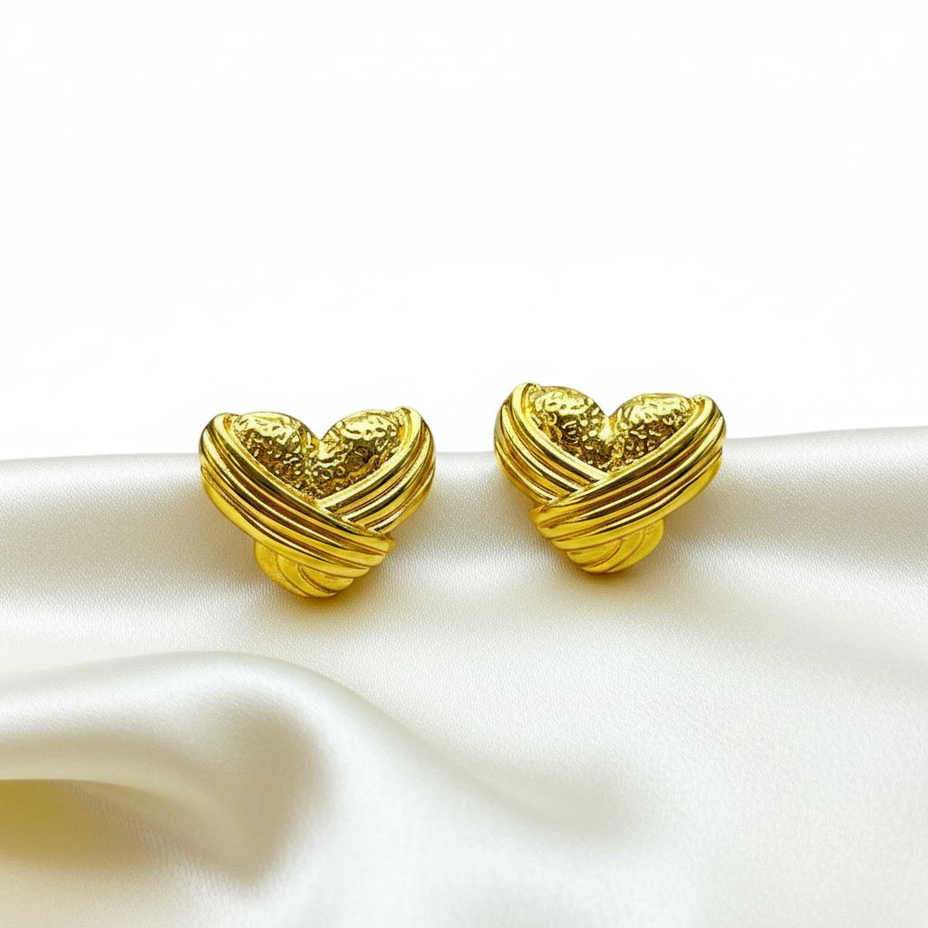 Gold-Plated Wrapped Heart Design Stud Earrings for Women - Glossy Finish