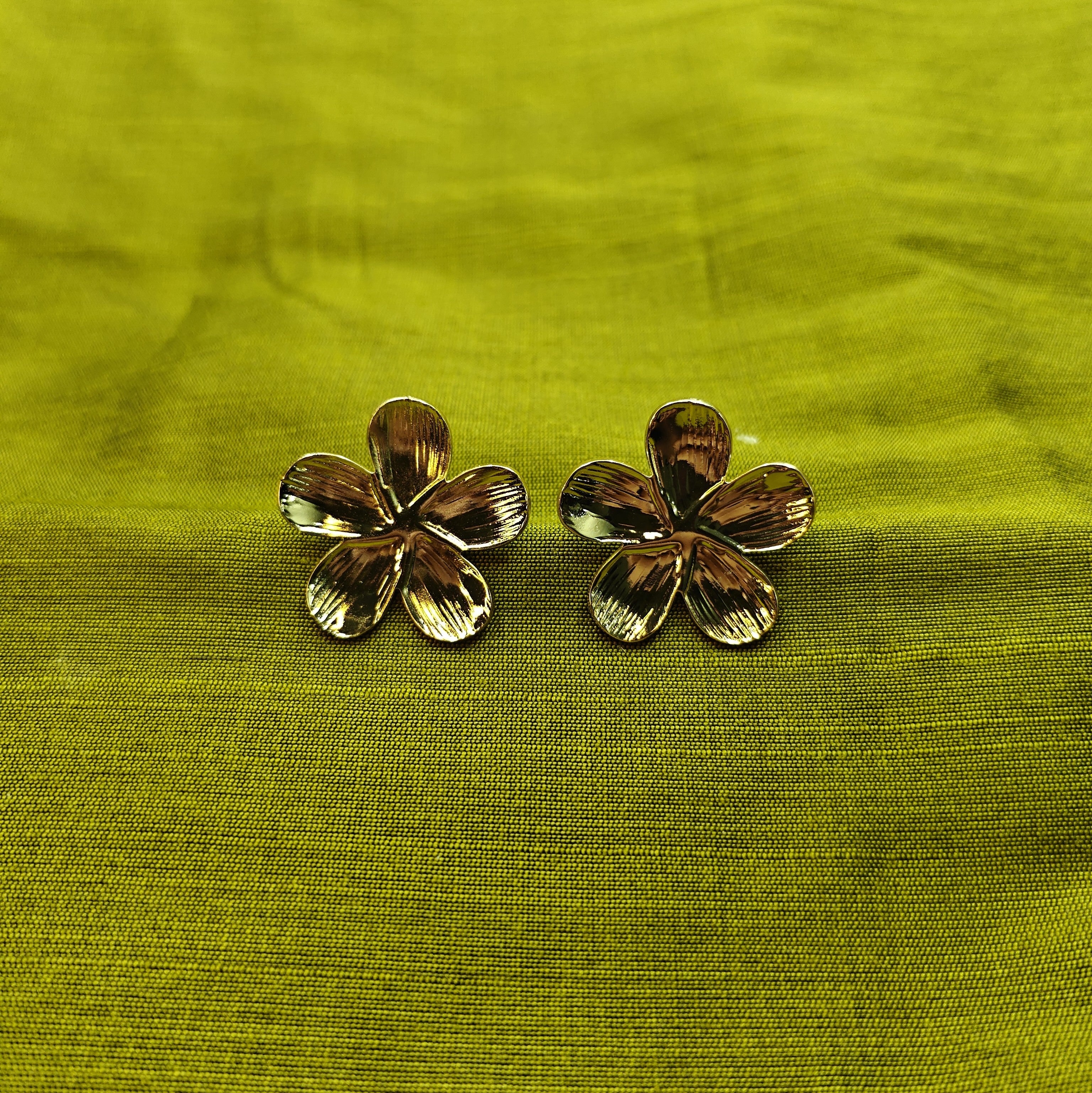 Gold-Plated Petal Plumeria Design Stud Earrings for Women - Glossy Finish