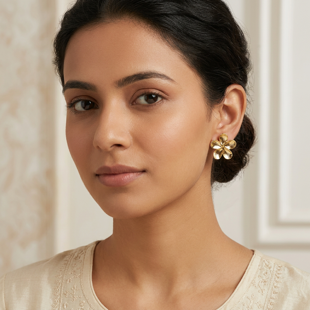 Gold-Plated Petal Plumeria Design Stud Earrings for Women - Glossy Finish