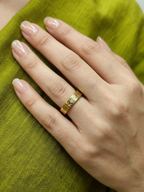 Gold-Plated Leaf Motif Gold Ring with CZ Stone - Glossy Finish - Unisex - 17 Size