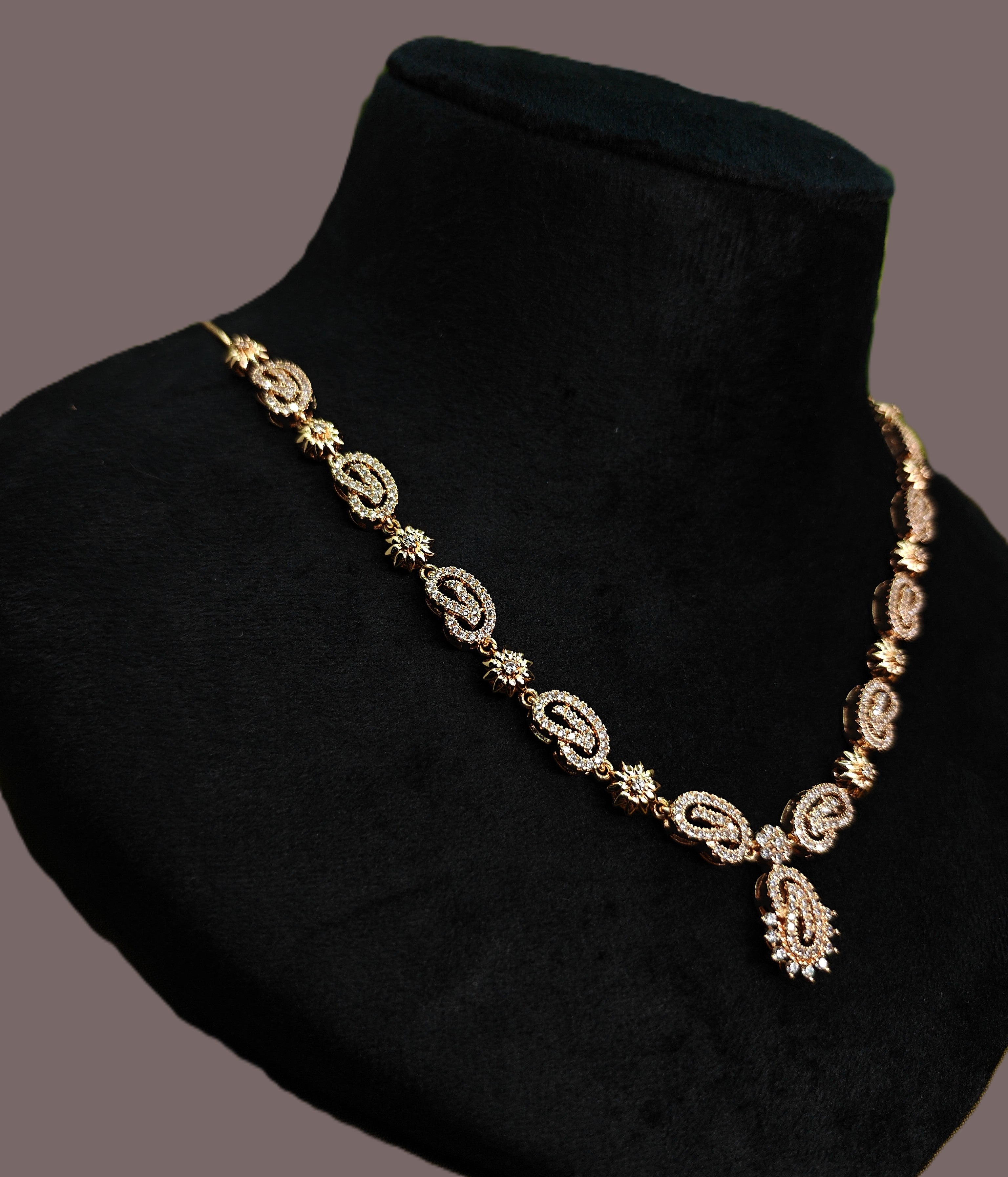 Gold-Tone Premium Paisley Mango Motif AD Necklace Set for Women - Glossy Finish