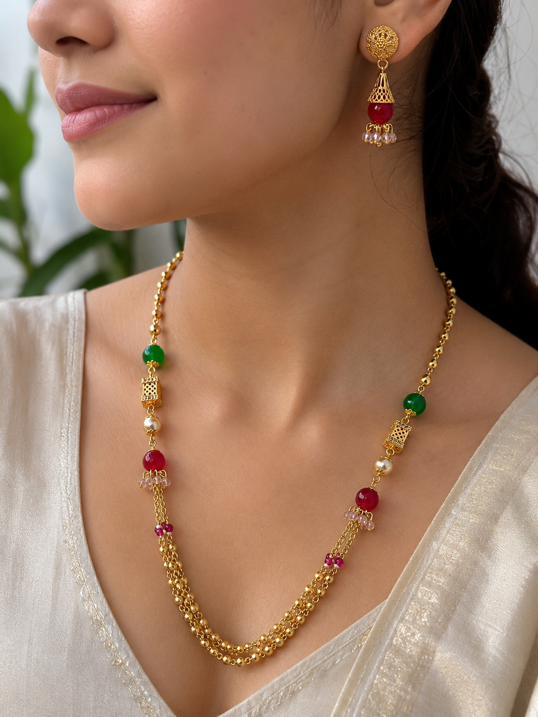 Gold-Tone Premium Multi-Strand Colour Beaded Mala Set for Women - Glossy Finish