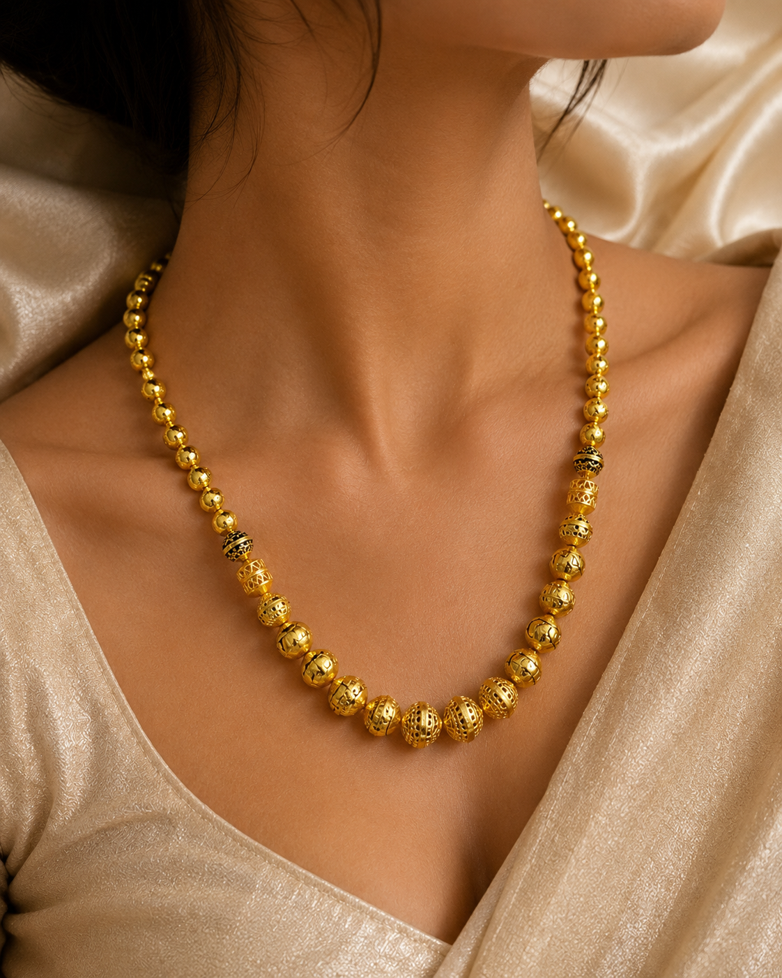 Gold-Tone Premium Gold Bead Graduated Minakari Mala for Women - Glossy Finish