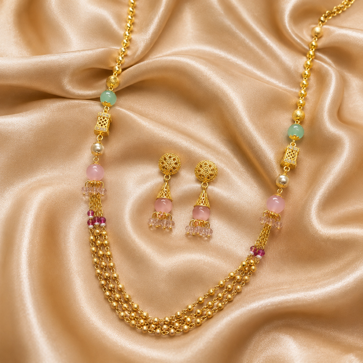 Gold-Tone Premium Multi-Strand Aqua Pink Beaded Mala Set for Women - Glossy Finish
