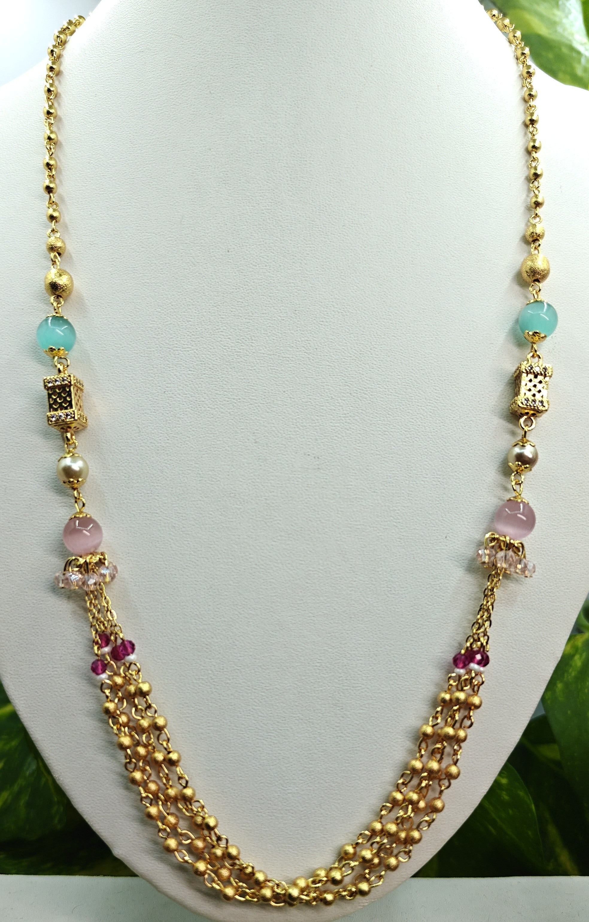 Gold-Tone Premium Multi-Strand Aqua Pink Beaded Mala Set for Women - Glossy Finish