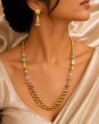 Gold-Tone Premium Multi-Strand Aqua Pink Beaded Mala Set for Women - Glossy Finish