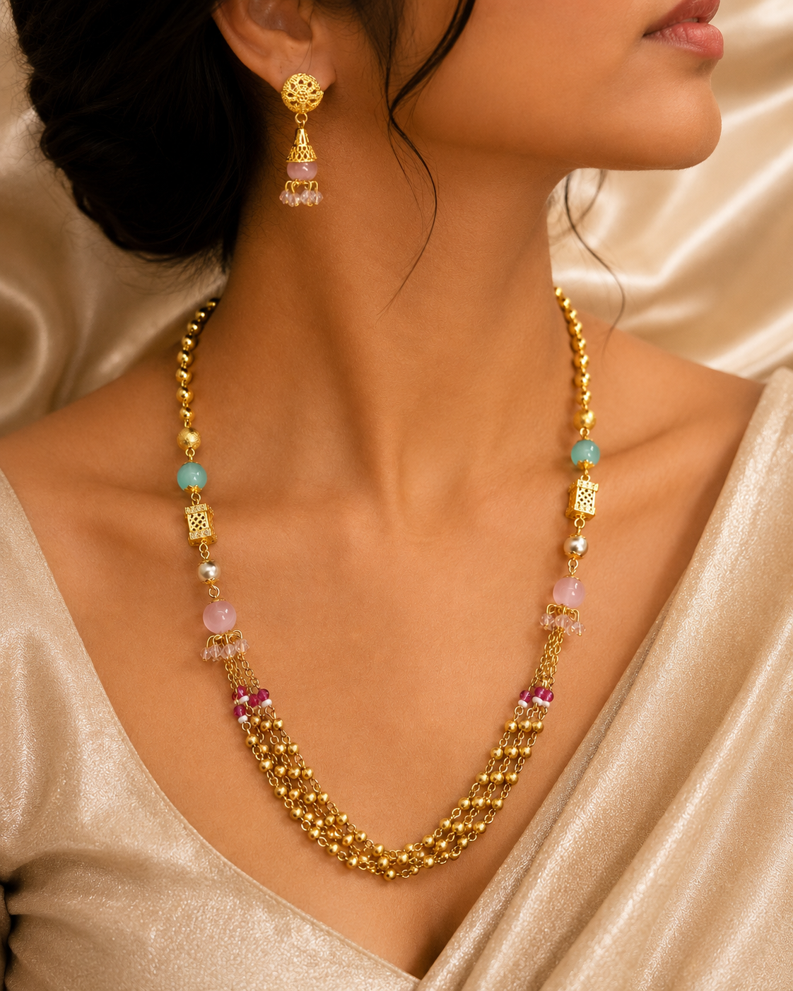 Gold-Tone Premium Multi-Strand Aqua Pink Beaded Mala Set for Women - Glossy Finish