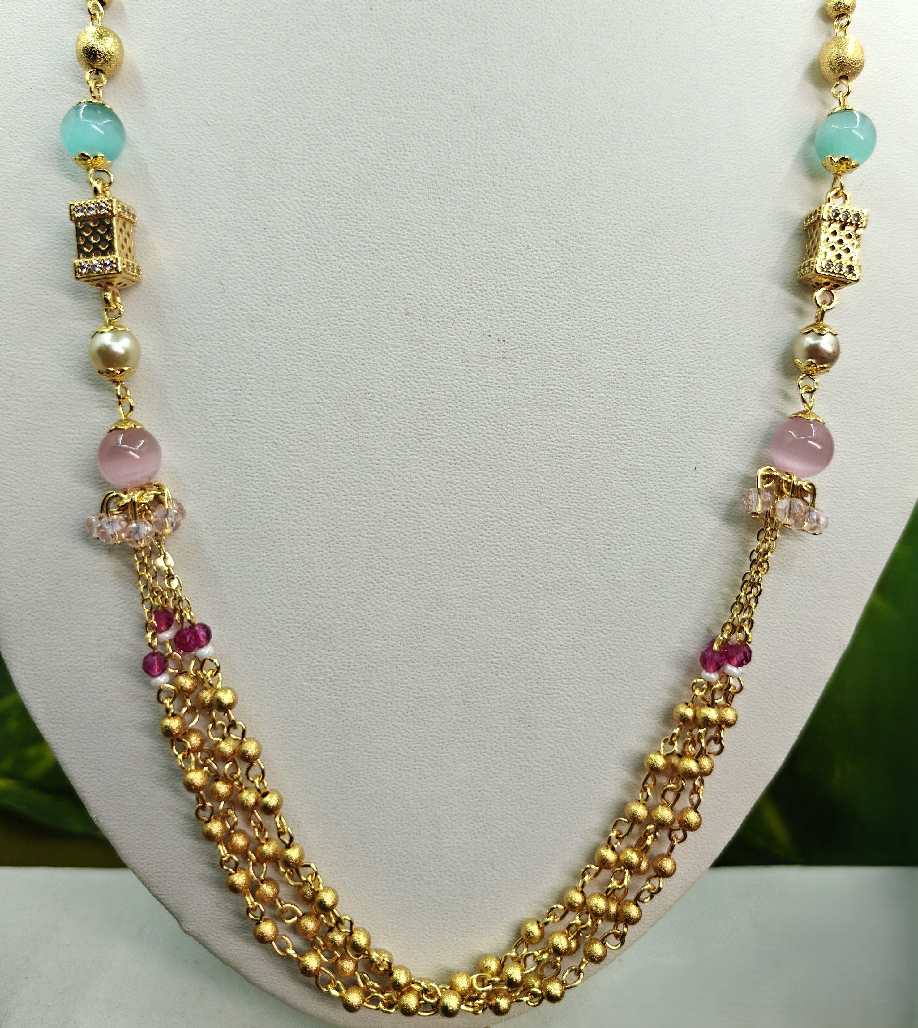 Gold-Tone Premium Multi-Strand Aqua Pink Beaded Mala Set for Women - Glossy Finish
