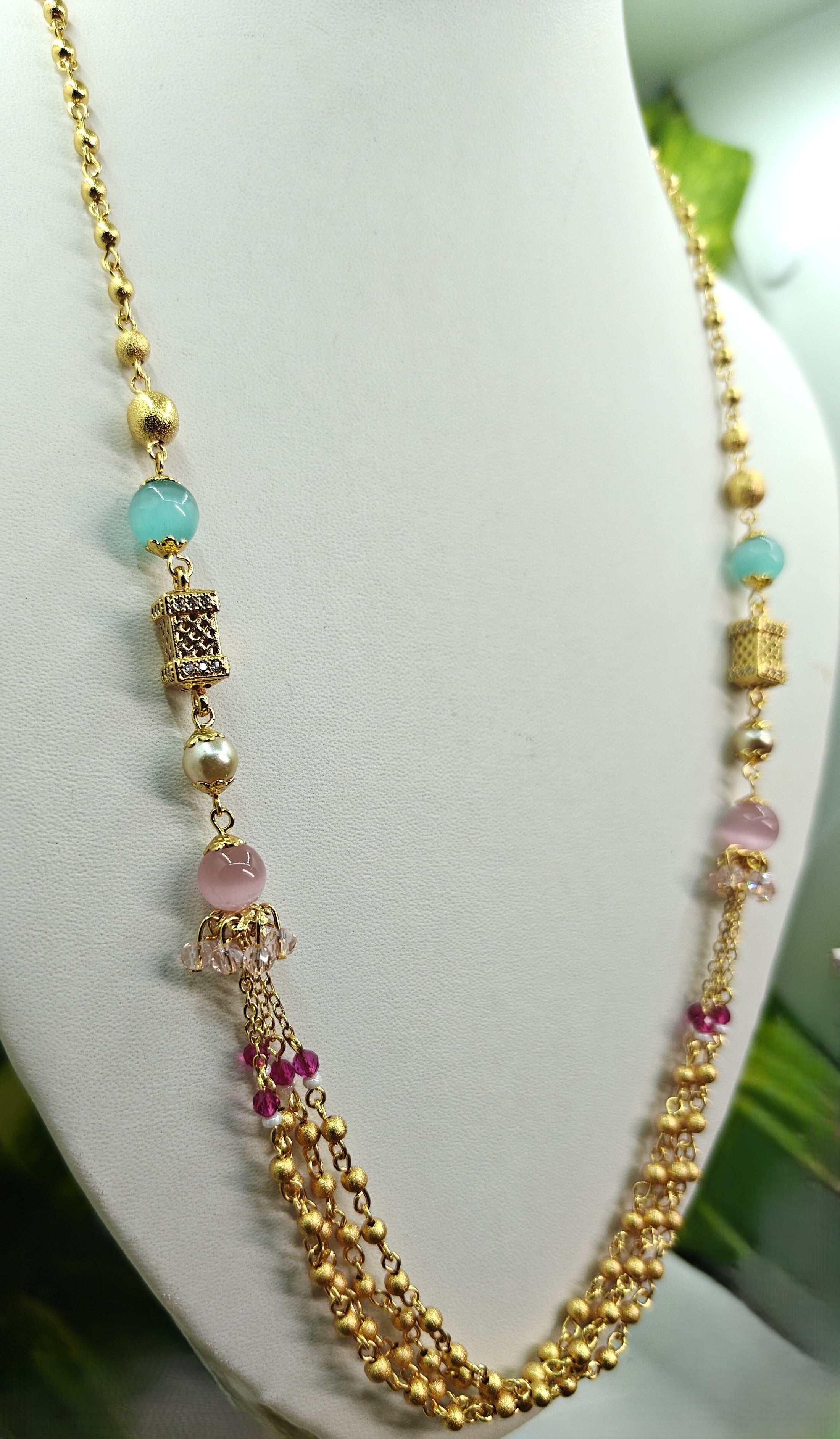Gold-Tone Premium Multi-Strand Aqua Pink Beaded Mala Set for Women - Glossy Finish