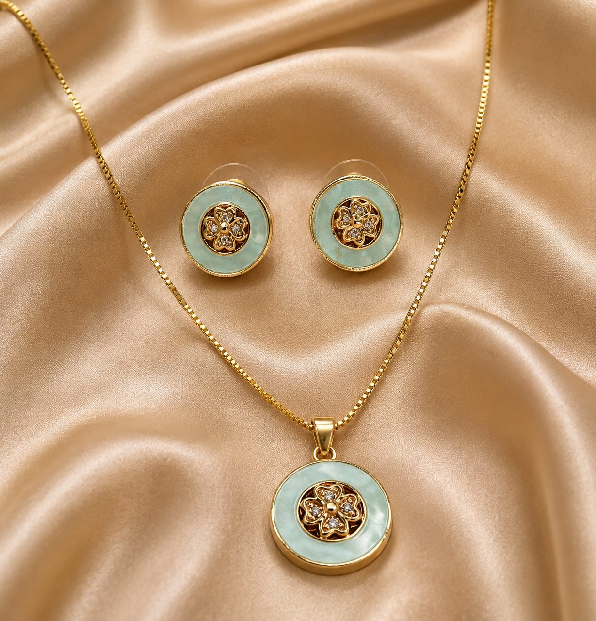 Gold-Tone Premium Pastel AD Pendant Set for Women - Glossy Finish