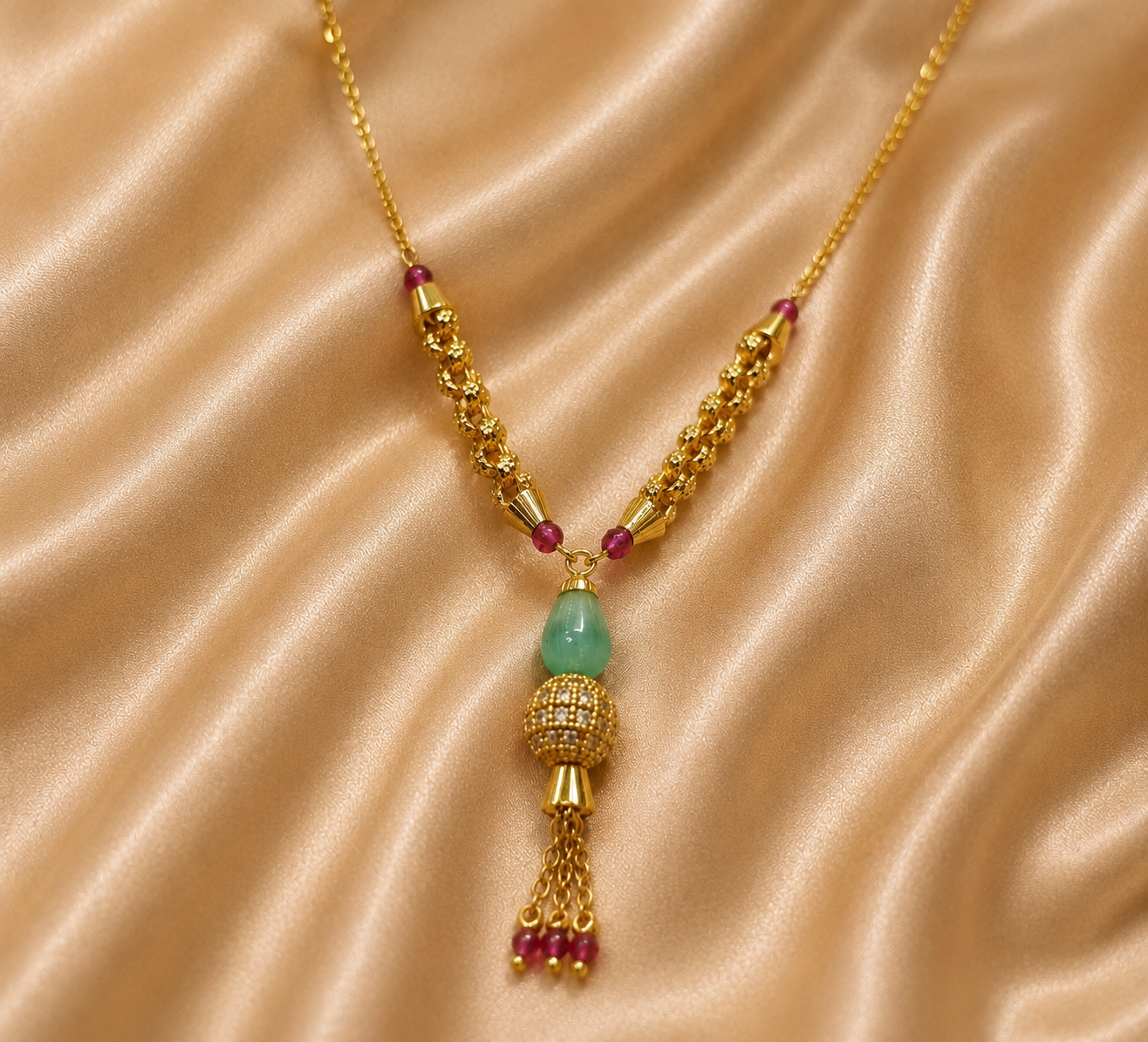 Gold-Tone Ruby Aqua Drop Mala for Women - Glossy Finish
