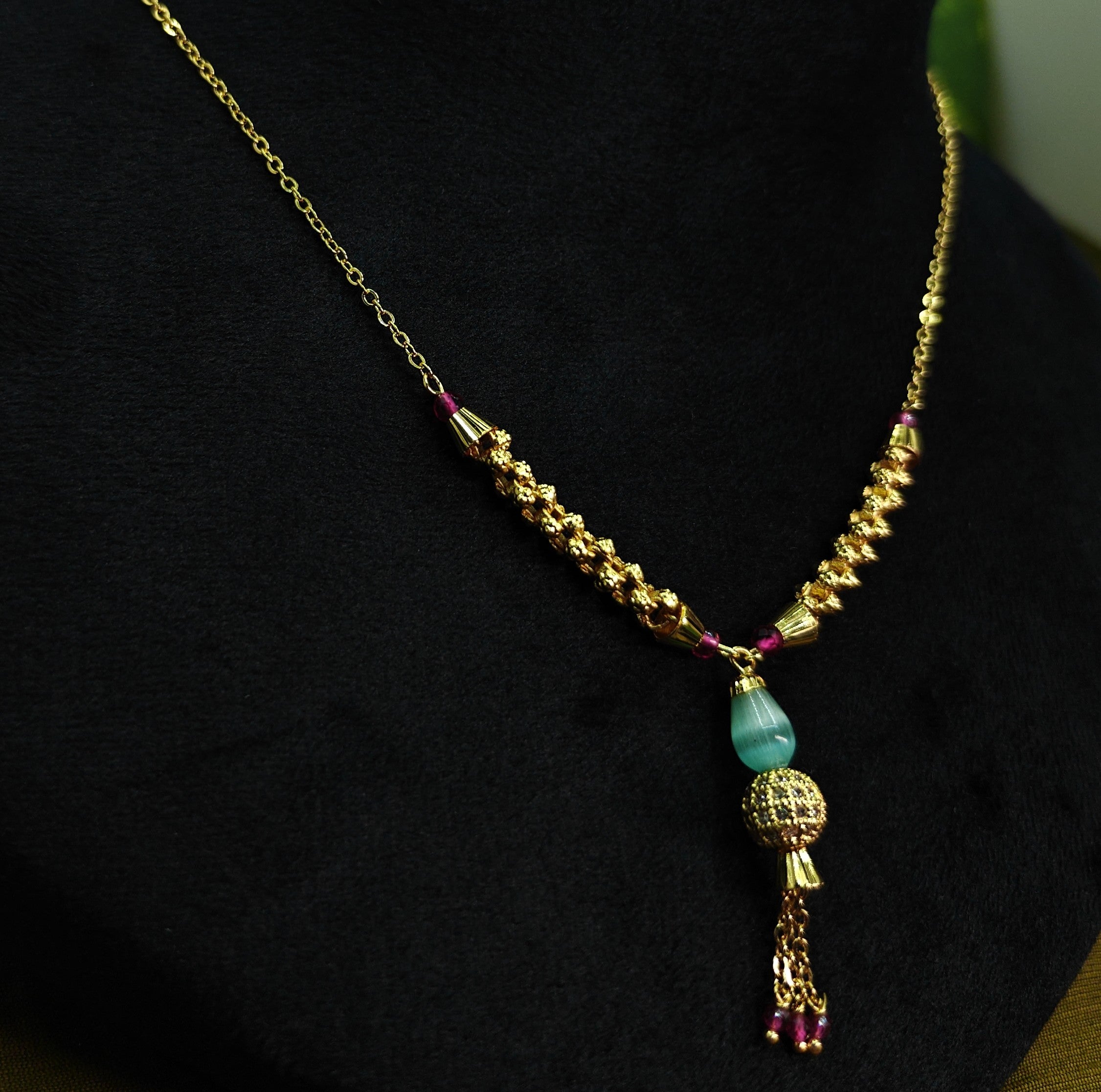 Gold-Tone Ruby Aqua Drop Mala for Women - Glossy Finish