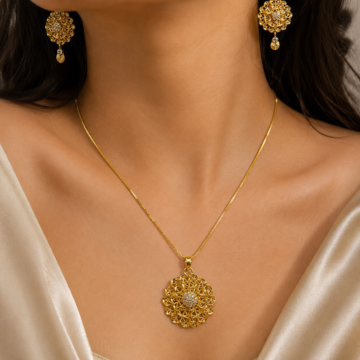 Gold-Tone Premium Floral Filigree AD Design Set for Women - Glossy Finish (17 Inches)