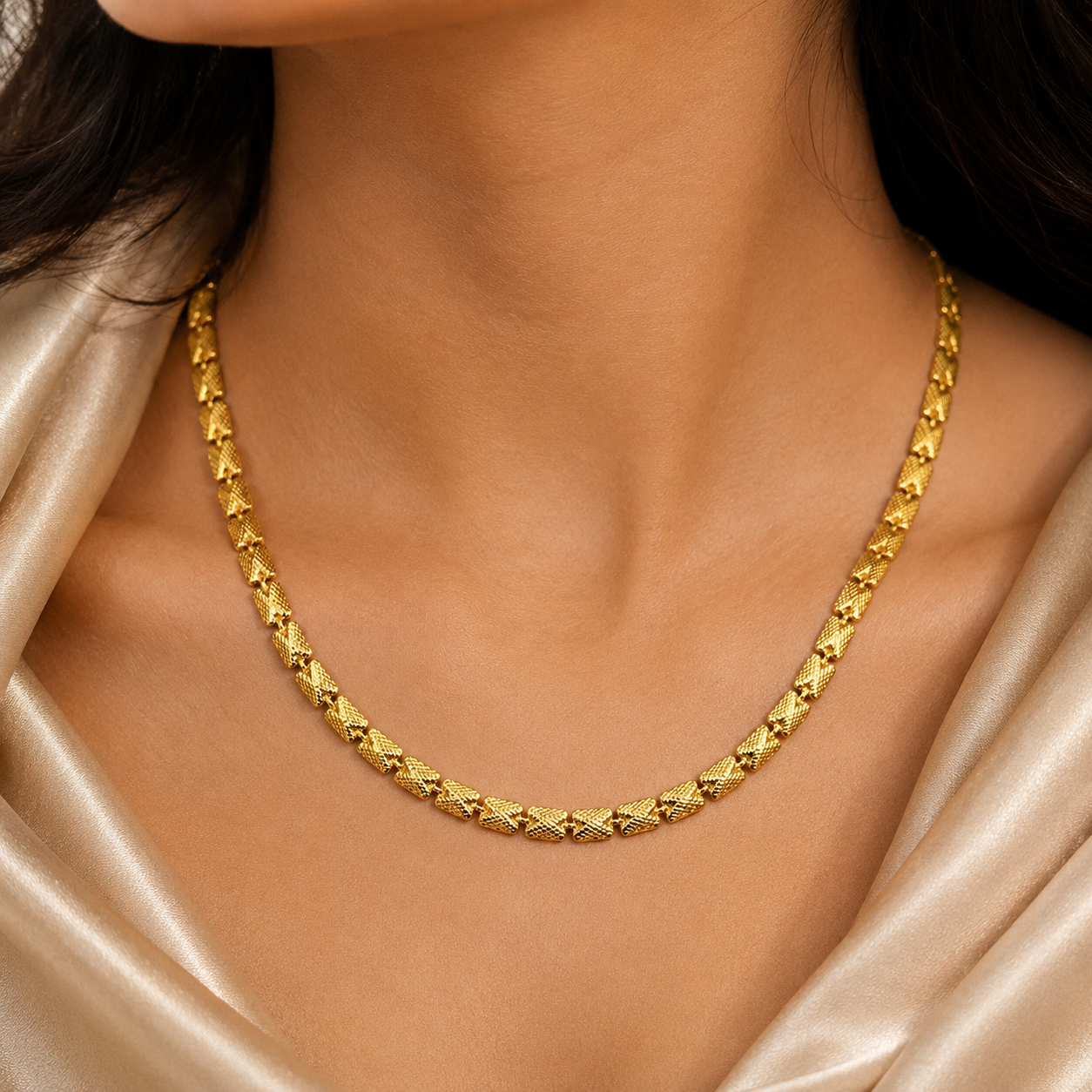 Gold-Tone Premium Textured Gold Link Chain for Women - Glossy Finish (21 Inches)