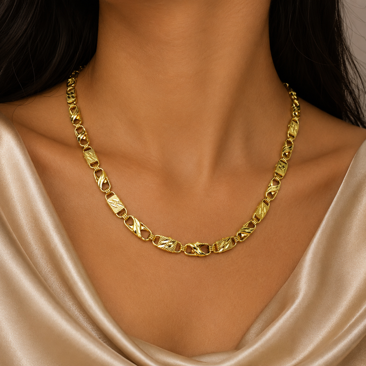 Gold-Tone Heart Cutwork Link Premium Gold Chain for Women - Glossy Finish (19 Inches)
