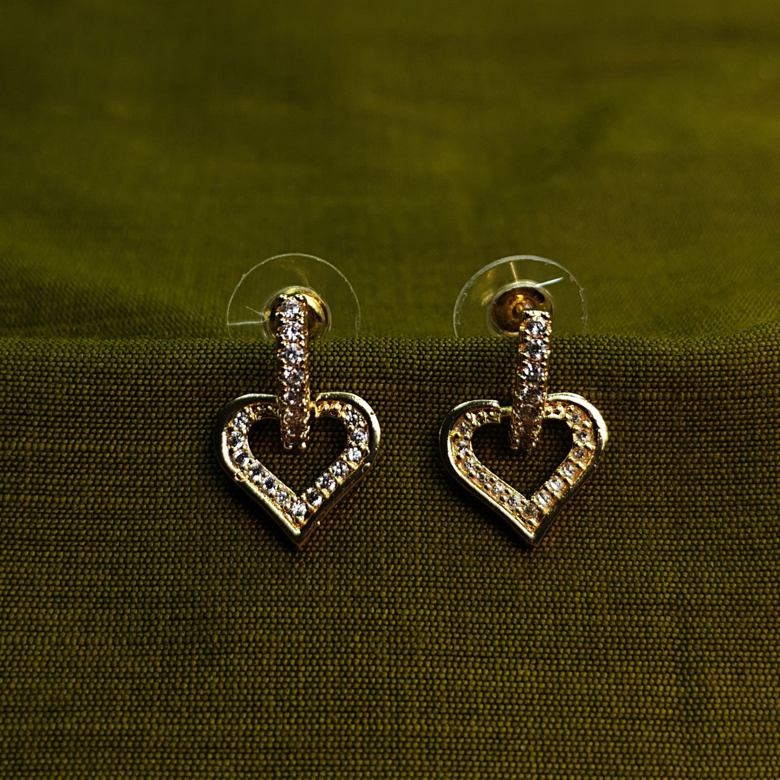 Gold-Tone Premium AD Heart Stud Earrings for Women - Glossy Finish