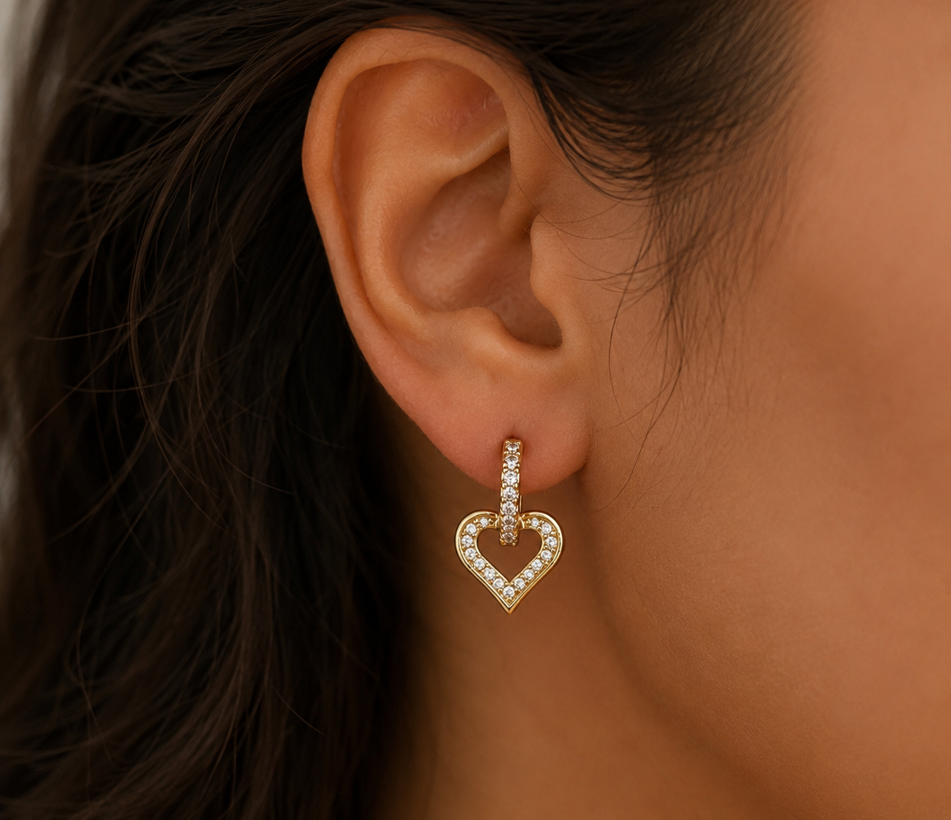 Gold-Tone Premium AD Heart Stud Earrings for Women - Glossy Finish
