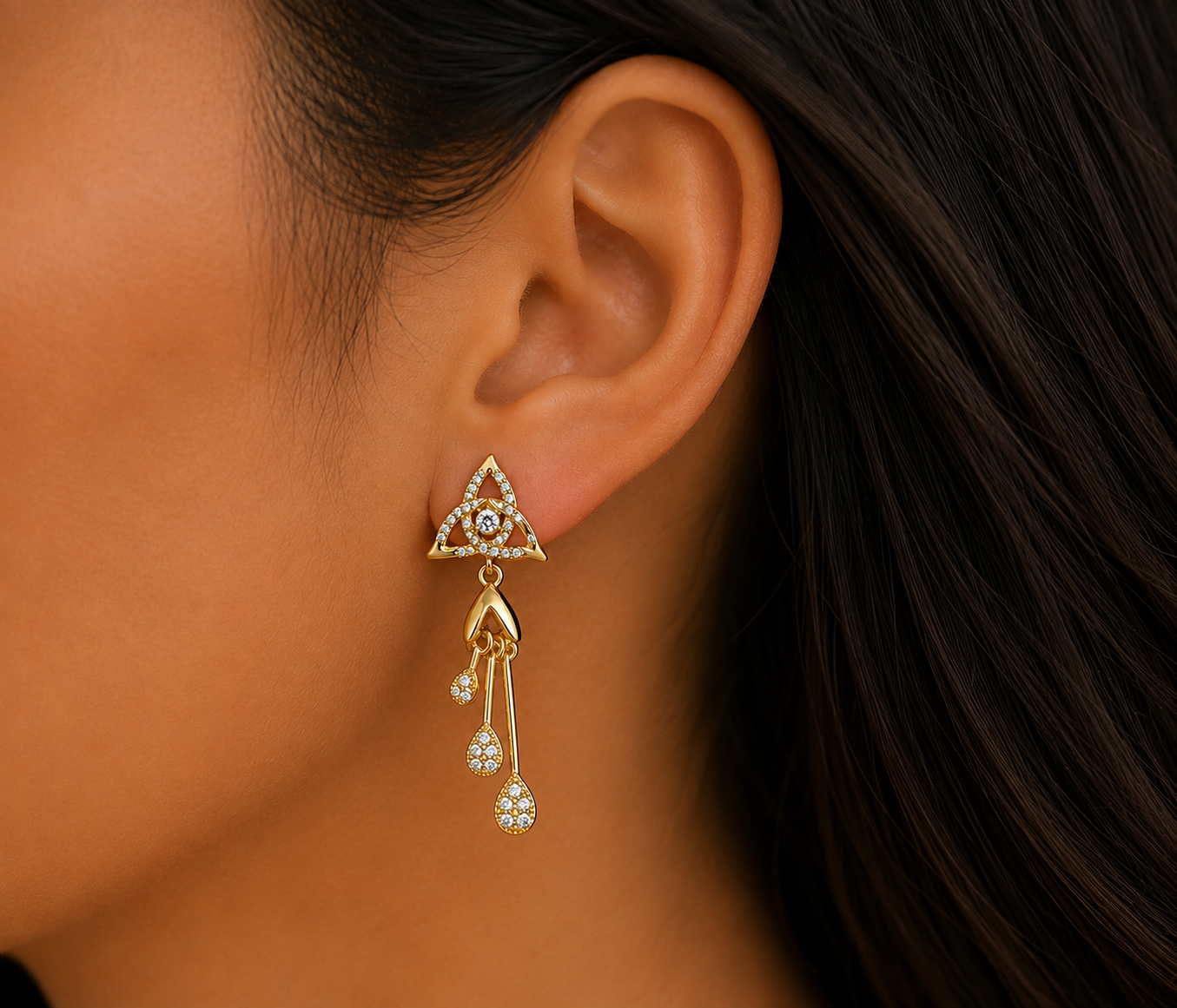 Gold-Tone Premium Floral AD Drop Earrings for Women - Glossy Finish