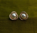 Gold-Tone Premium Rope Border AD Pearl Stud Earrings for Women - Glossy Finish