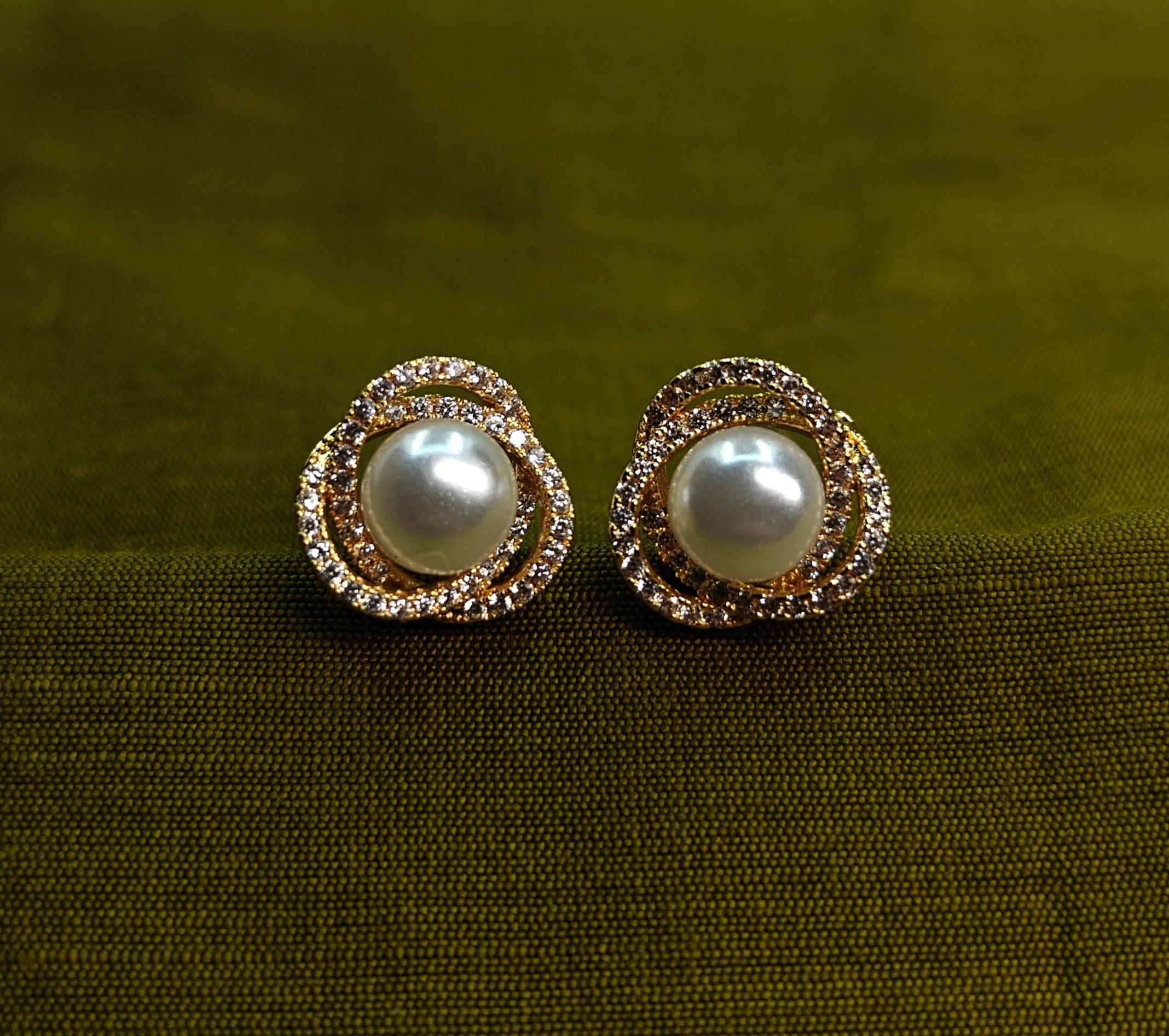 Gold-Tone Premium Rope Border AD Pearl Stud Earrings for Women - Glossy Finish