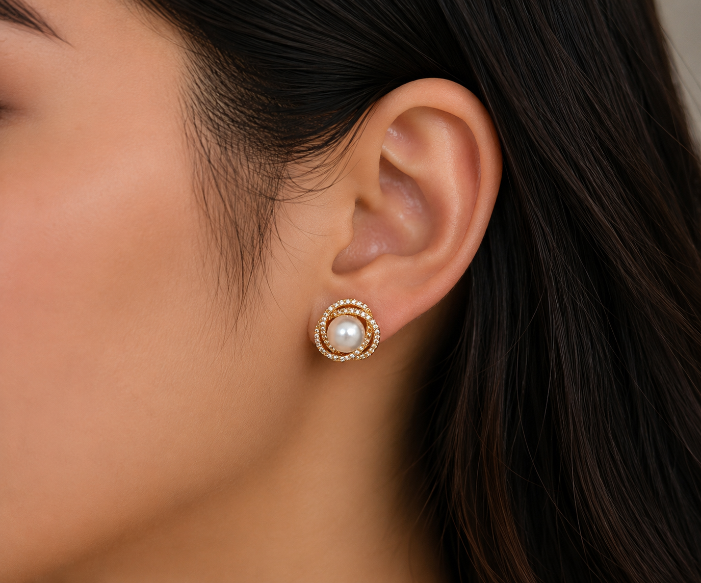 Gold-Tone Premium Rope Border AD Pearl Stud Earrings for Women - Glossy Finish
