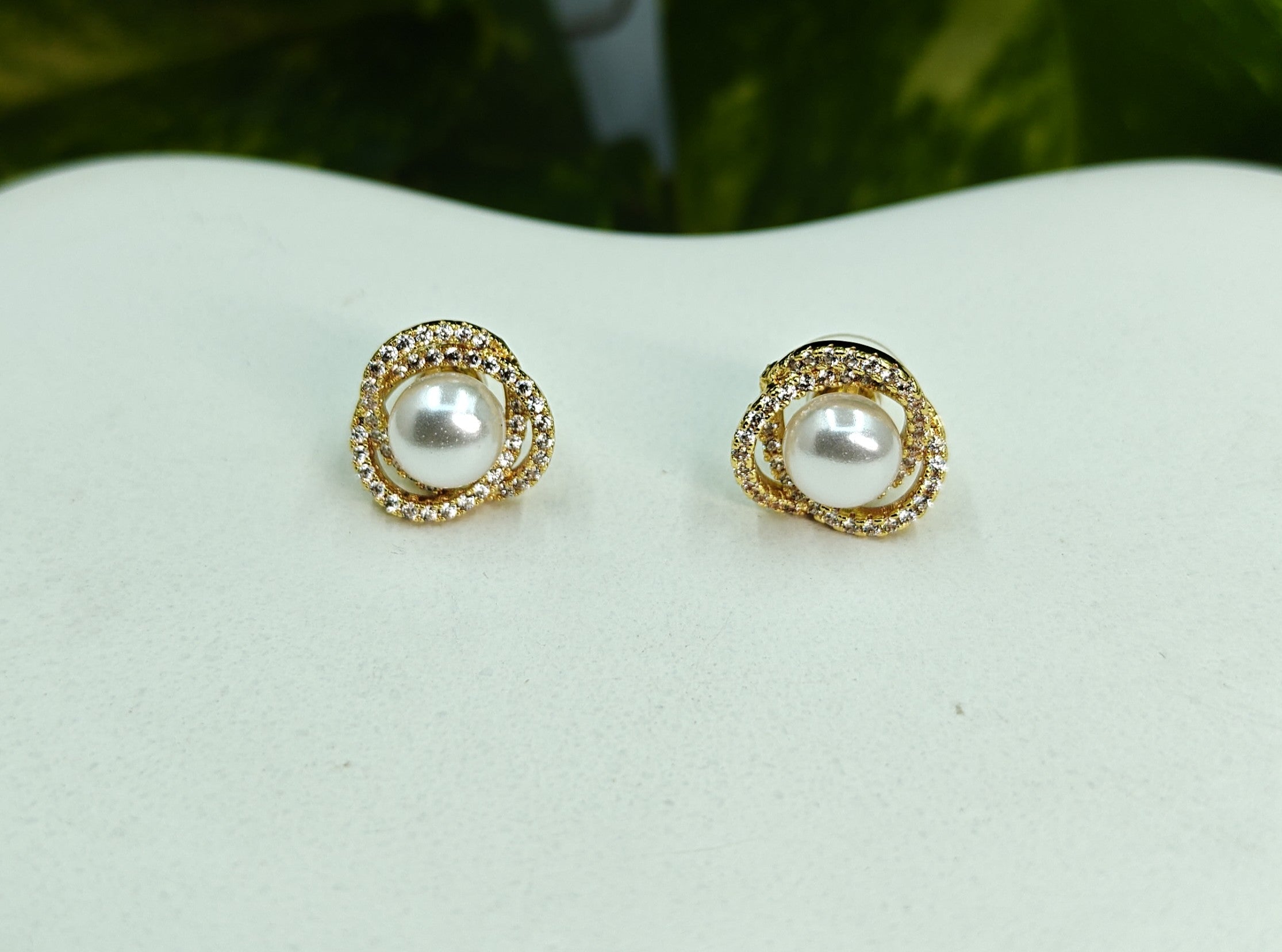 Gold-Tone Premium Rope Border AD Pearl Stud Earrings for Women - Glossy Finish