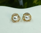 Gold-Tone Premium Rope Border AD Pearl Stud Earrings for Women - Glossy Finish