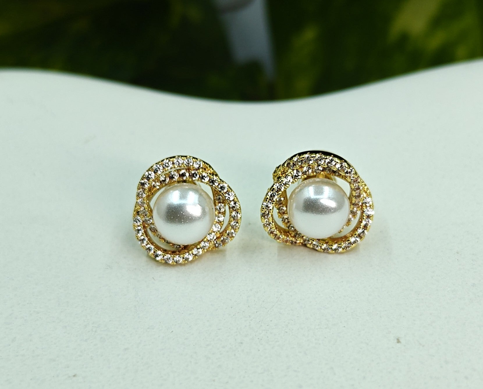 Gold-Tone Premium Rope Border AD Pearl Stud Earrings for Women - Glossy Finish