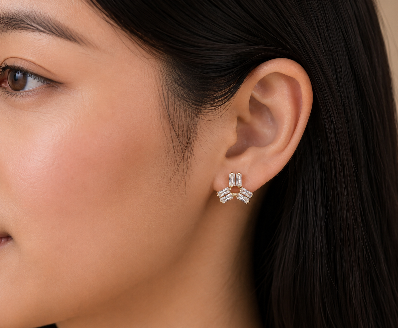 Gold-Tone Three-Stone Flower AD Stud Earrings for Women - Glossy Finish