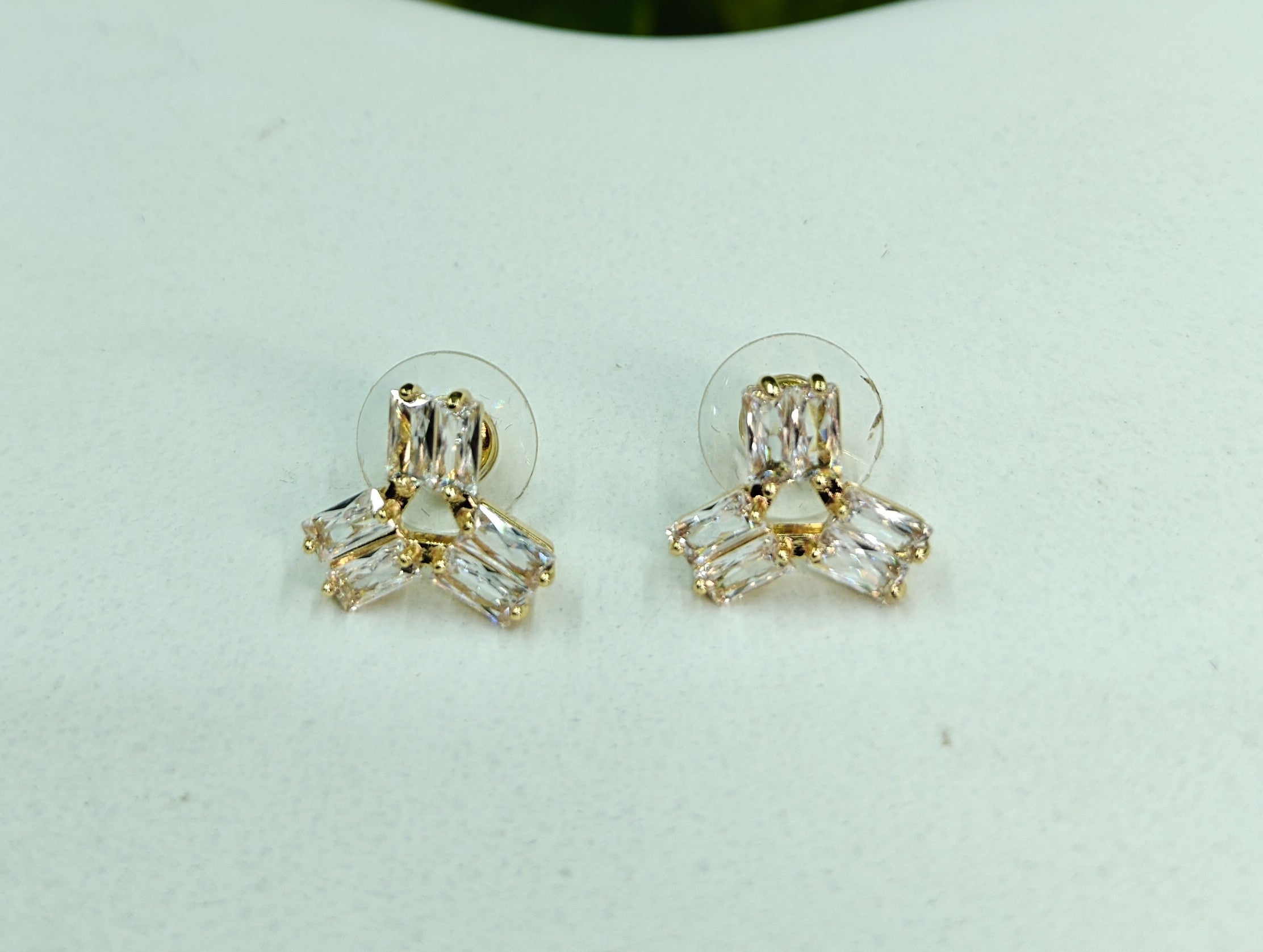 Gold-Tone Three-Stone Flower AD Stud Earrings for Women - Glossy Finish