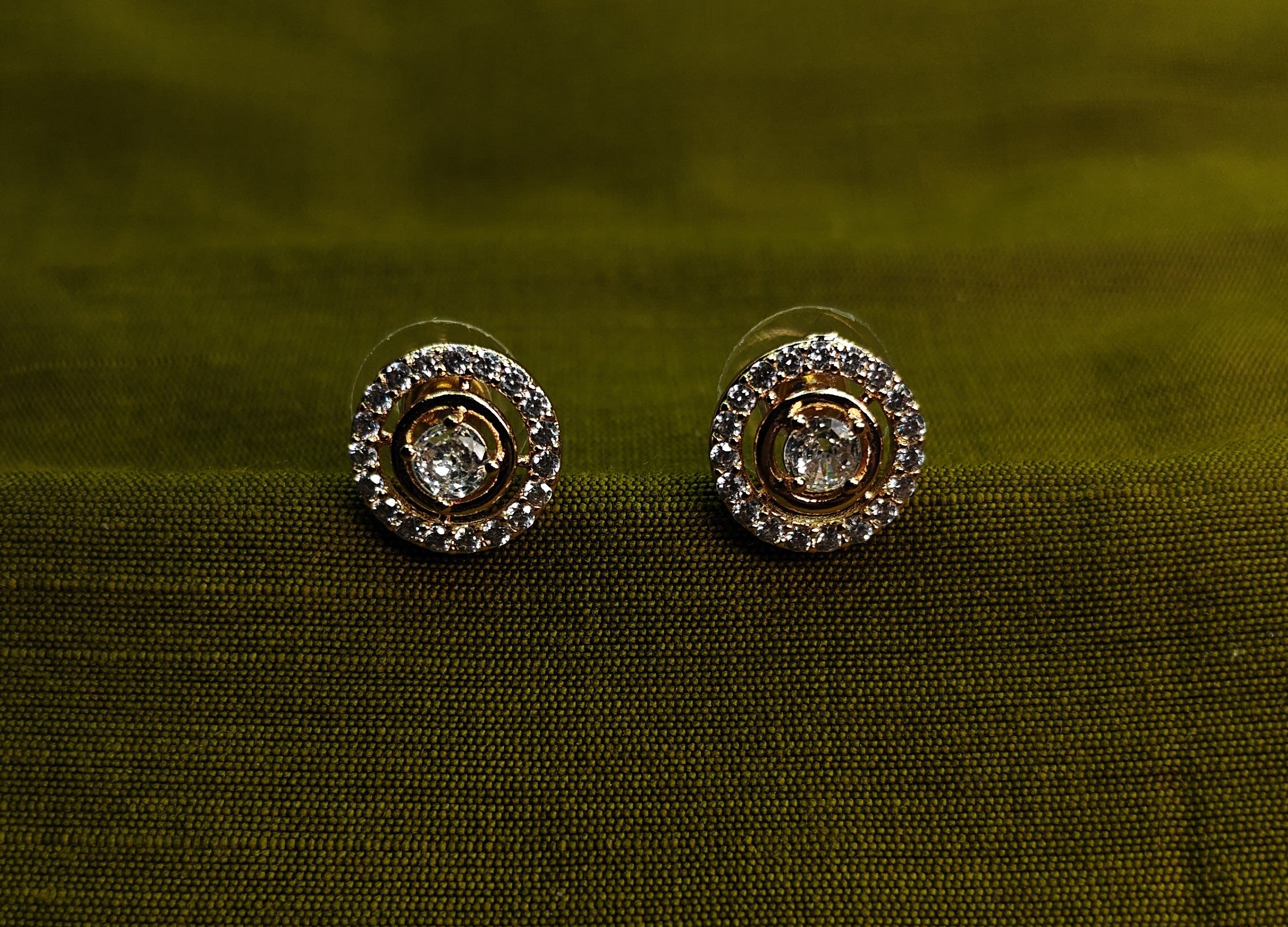 Gold-Tone AD Round Halo Stud Earrings for Women - Glossy Finish