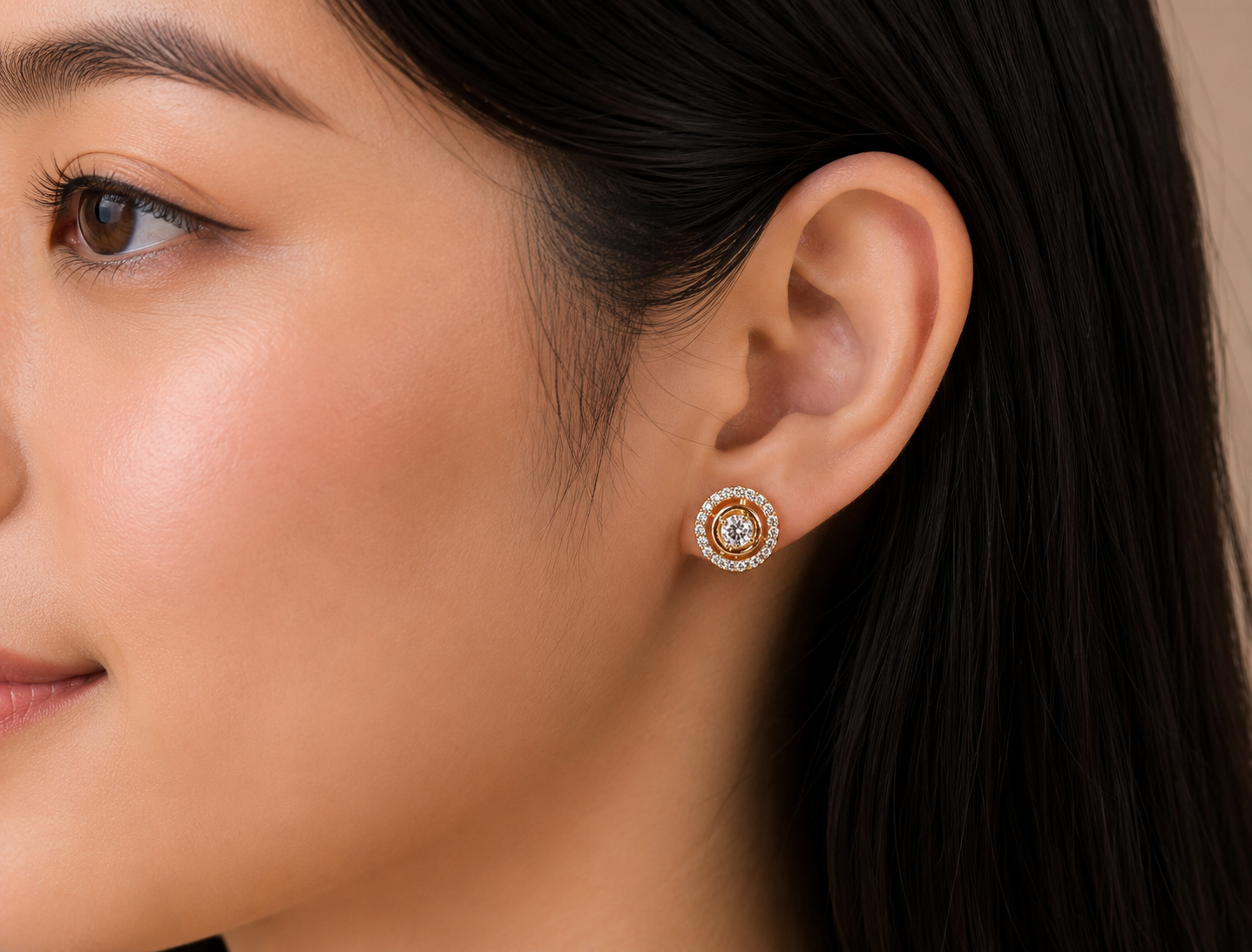 Gold-Tone AD Round Halo Stud Earrings for Women - Glossy Finish